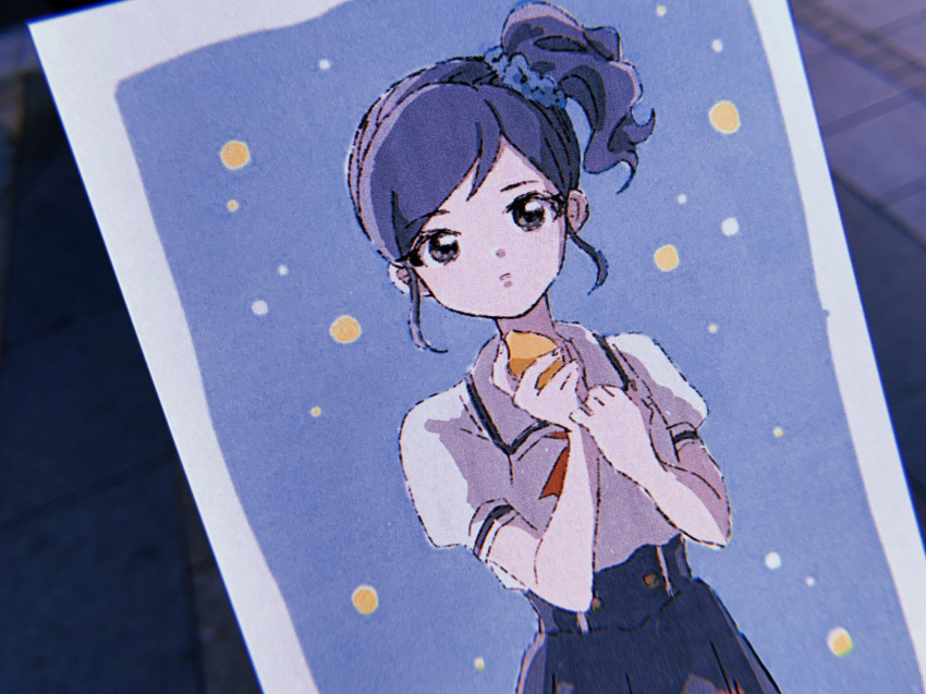 1girl aikatsu! aikatsu!_(series) blue_background blue_hair blue_scrunchie blue_skirt blurry blurry_background brown_eyes closed_mouth cowboy_shot expressionless film_grain food fruit highres holding holding_food holding_fruit kiriya_aoi lemon looking_at_viewer neck_ribbon osouzai-kun photo_(object) puffy_short_sleeves puffy_sleeves red_ribbon ribbon sailor_collar scrunchie shirt short_hair short_sleeves side_ponytail sidelocks skirt solo standing swept_bangs white_sailor_collar white_shirt