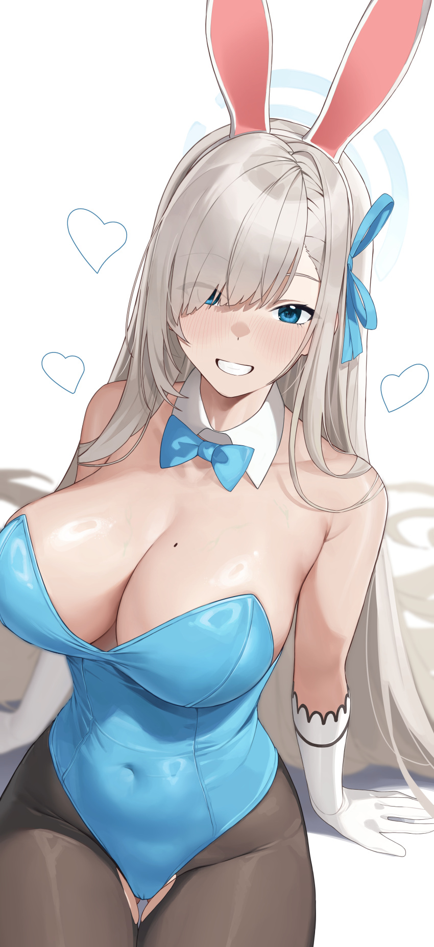 1girl absurdres animal_ears asuna_(blue_archive) asuna_(bunny)_(blue_archive) black_pantyhose blue_archive blue_bow blue_bowtie blue_eyes blue_halo blue_leotard blue_ribbon bow bowtie breasts cleavage covered_navel detached_collar english_commentary fake_animal_ears gloves grey_hair grin hair_over_one_eye hair_ribbon halo heart highres large_breasts leotard long_hair looking_at_viewer mole mole_on_breast not_forever2w official_alternate_costume pantyhose playboy_bunny rabbit_ears ribbon smile solo strapless strapless_leotard thigh_gap white_gloves