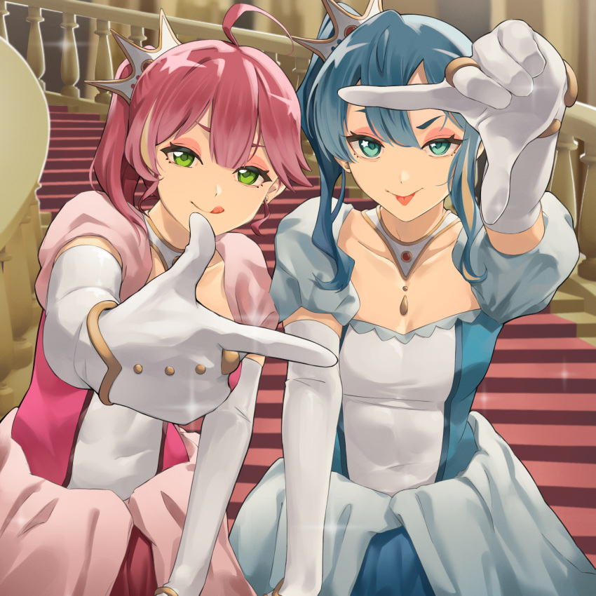 2girls :p :q ahoge alternate_costume bibideba_(hololive) blue_dress blue_eyes blue_hair breasts center-flap_bangs collarbone commentary_request double-parted_bangs dress earrings elbow_gloves eyeshadow finger_frame finger_frame_duo gloves hair_between_eyes highres hololive hoshimachi_suisei jewelry knees_out_of_frame leaning_forward long_hair looking_at_viewer makeup multiple_girls necklace pink_dress pink_eyeshadow puffy_short_sleeves puffy_sleeves railing rena_sakuma sakura_miko short_sleeves side_ponytail single_sidelock small_breasts stairs standing star_(symbol) star_in_eye symbol_in_eye tiara tilted_headwear tongue tongue_out virtual_youtuber white_gloves