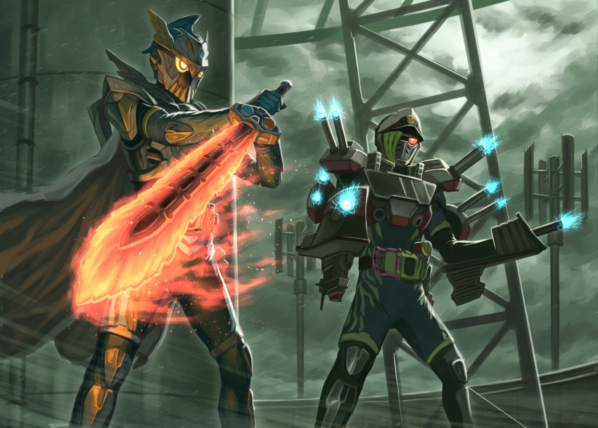 2boys armor bang_bang_simulations_level_50 belt cannon cape commentary commentary_request dual_rider_gashat gamer_driver hat helmet heterochromia highres holding holding_sword holding_weapon kamen_rider kamen_rider_brave kamen_rider_ex-aid_(series) kamen_rider_snipe male_focus military military_uniform multiple_boys naval_uniform peaked_cap photoshop_(medium) red_eyes reverse_grip rider_belt rider_gashat sennsu solo sword taddle_fantasy_level_50 tokusatsu turret uniform weapon yellow_eyes