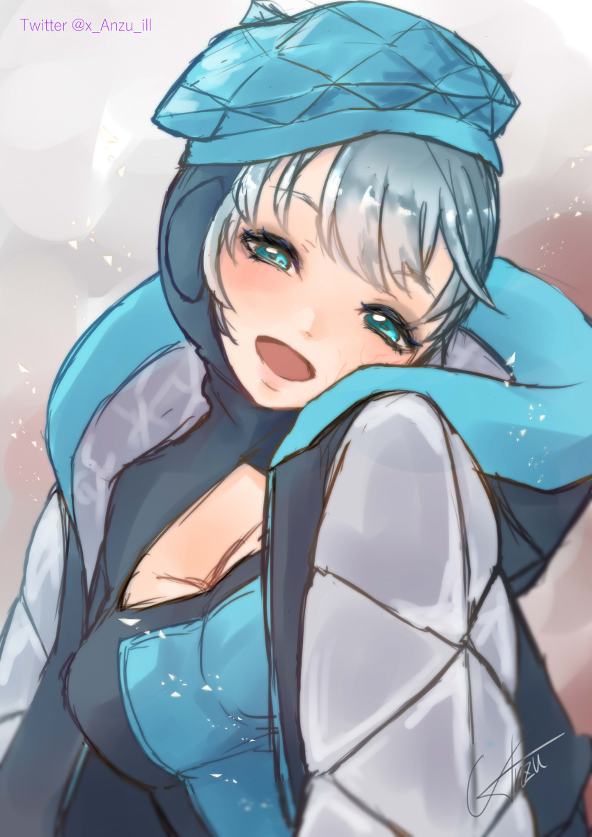 1girl absurdres animification anzu_(x_anzu_ill) apex_legends beret black_bodysuit black_jacket blue_bodysuit blue_eyes blue_hat blush bodysuit breasts cleavage cleavage_cutout clothing_cutout grey_hair hat haute_drop_wattson highres hood hood_down hood_up hooded_bodysuit jacket looking_at_viewer medium_breasts official_alternate_costume open_mouth signature smile solo twitter_username two-tone_bodysuit wattson_(apex_legends)