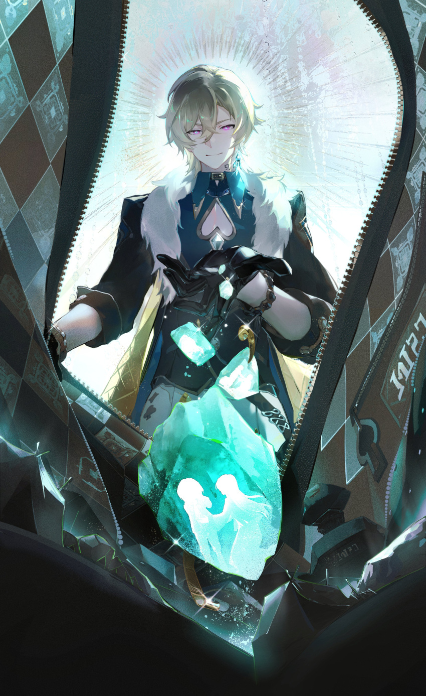 1boy absurdres aqua_shirt aventurine_(honkai:_star_rail) black_gloves blonde_hair bracelet closed_mouth collared_shirt earrings fur_trim gem gloves hair_between_eyes highres honkai:_star_rail honkai_(series) imonk41871229 jewelry looking_at_viewer male_focus multicolored_eyes neck_tattoo shirt short_hair solo tattoo