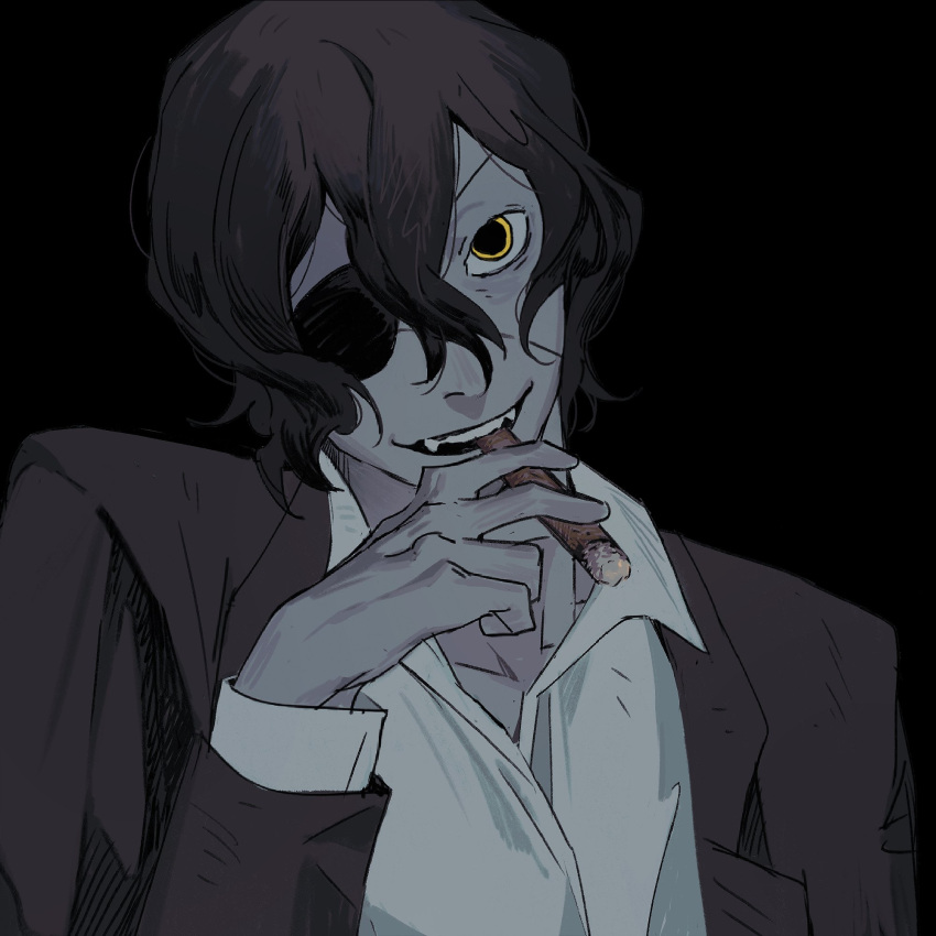 1girl black_background black_hair black_jacket cigar collared_jacket collared_shirt colored_skin dilated_pupils eyepatch grey_shirt grey_skin hair_between_eyes hand_up highres holding holding_cigar jacket long_sleeves looking_at_viewer open_mouth original reverse_trap shirt short_hair simple_background smoking solo upper_body yellow_eyes yulei_yuuuuu