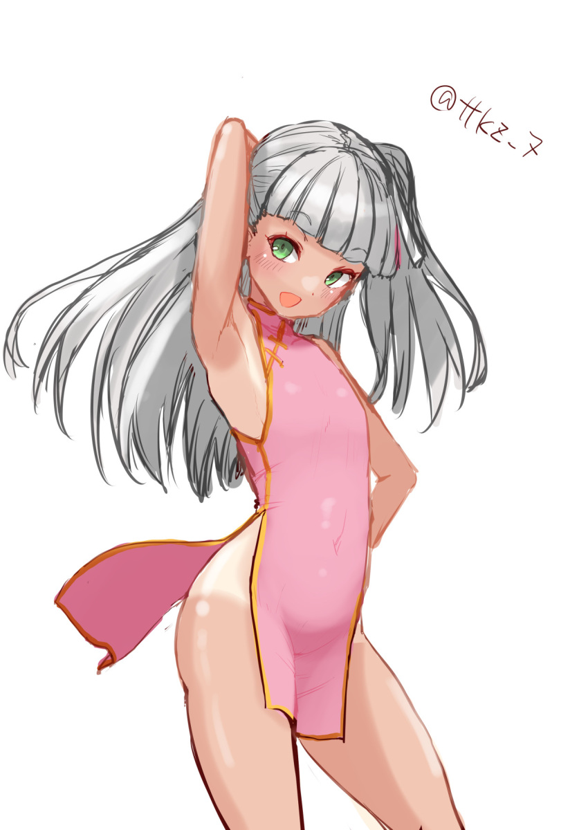 1girl alternate_costume arm_behind_head blunt_bangs china_dress chinese_clothes dress flat_chest green_eyes grey_hair highres kantai_collection long_hair maestrale_(kancolle) one-hour_drawing_challenge one-piece_tan one_side_up pink_dress simple_background solo standing tan tanlines tetsukuzu_(yajirushi_shita) twitter_username white_background