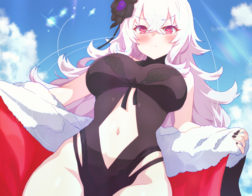 1girl arbiter1 azur_lane black_flower black_nails blue_sky blush breasts clothing_cutout cloud crossed_bangs day embarrassed flower graf_zeppelin_(azur_lane) graf_zeppelin_(beachside_urd)_(azur_lane) hair_flower hair_ornament highres long_hair navel official_alternate_costume outdoors red_eyes sky stomach stomach_cutout swimsuit white_hair