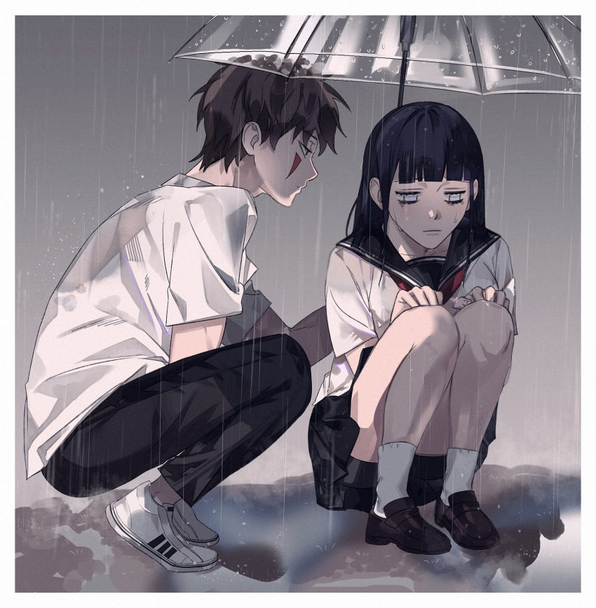 1boy 1girl black_footwear black_hair black_pants black_sailor_collar black_skirt blunt_bangs border breasts brown_hair facial_hair full_body hair_between_eyes half-closed_eyes highres holding holding_umbrella hugging_own_legs hyuuga_hinata inuzuka_kiba itachi3413 loafers long_hair looking_at_another medium_breasts naruto_(series) pants pleated_skirt rain sad sailor_collar school_uniform serafuku shirt shoes short_hair short_sleeves skirt sneakers socks squatting transparent transparent_umbrella umbrella wet white_border white_eyes white_footwear white_shirt white_socks