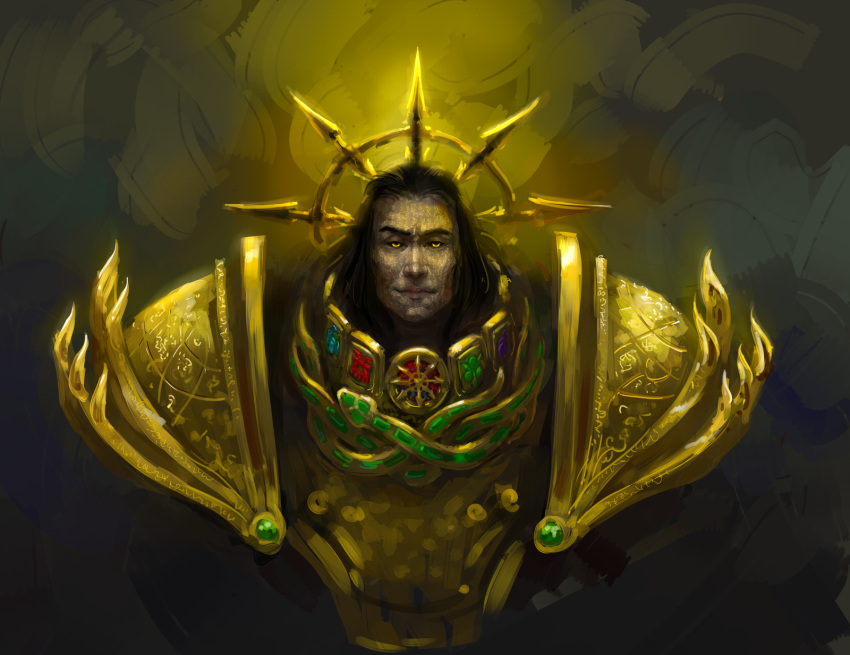 1boy alternate_hairstyle alternate_universe armor black_hair black_sclera chaos_(warhammer) chaos_undivided_(symbol) cheekbones chin closed_mouth colored_sclera commentary english_commentary engraved engraved_armor facial_tattoo fire gem gold_armor green_gemstone halo halo_behind_head highres khorne_(symbol) light_smile long_hair lorgar_aurelian male_focus mammona mechanical_halo nurgle_(symbol) ornate_armor pauldrons power_armor primarch shoulder_armor slaanesh_(symbol) snake solo spiked_halo straight-on tattoo tzeentch_(symbol) upper_body warhammer_40k word_bearers yellow_armor yellow_eyes