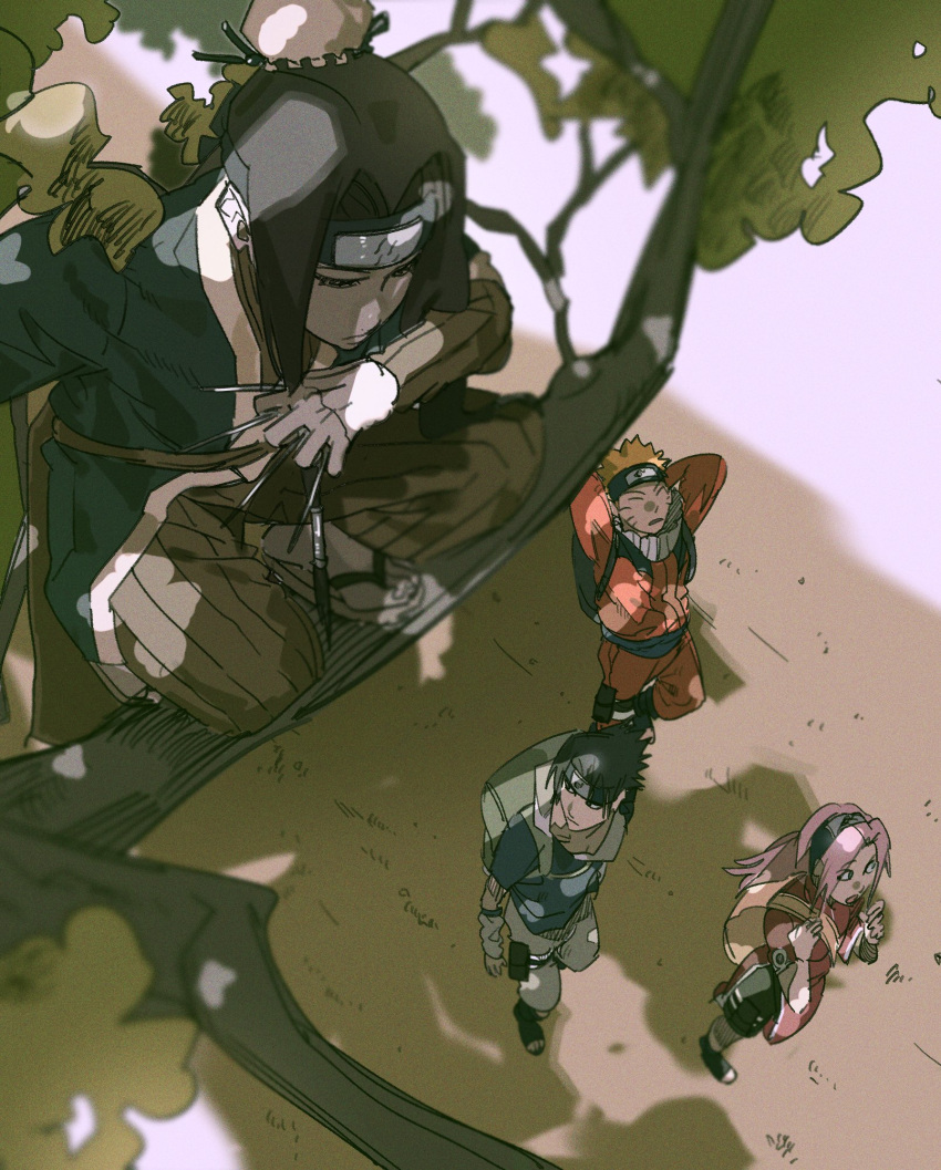 1girl 3boys arms_behind_head backpack bag black_hair black_shirt black_shorts blonde_hair bun_cover closed_eyes facial_mark from_above hairband haku_(naruto) haruno_sakura headband highres holding holding_knife in_tree itachi3413 jacket jumpsuit knife kunai long_hair long_sleeves looking_back multiple_boys naruto_(series) ninja orange_jacket orange_jumpsuit orange_pants pants parted_bangs pink_hair red_shirt shirt short_hair shorts spiked_hair striped_clothes striped_pants tree uchiha_sasuke uzumaki_naruto weapon whisker_markings