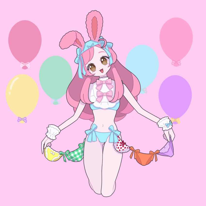 1girl :d animal_ears ayase_naru balloon blue_bra blue_panties bra brown_eyes bunny_day commentary_request cropped_legs fake_animal_ears highres long_hair looking_at_viewer navel nyaasechan object_on_head open_mouth panties panties_day panties_on_head pink_background pink_hair pretty_rhythm pretty_rhythm_rainbow_live pretty_series rabbit_ears smile solo standing string_of_flags underwear underwear_only wrist_cuffs