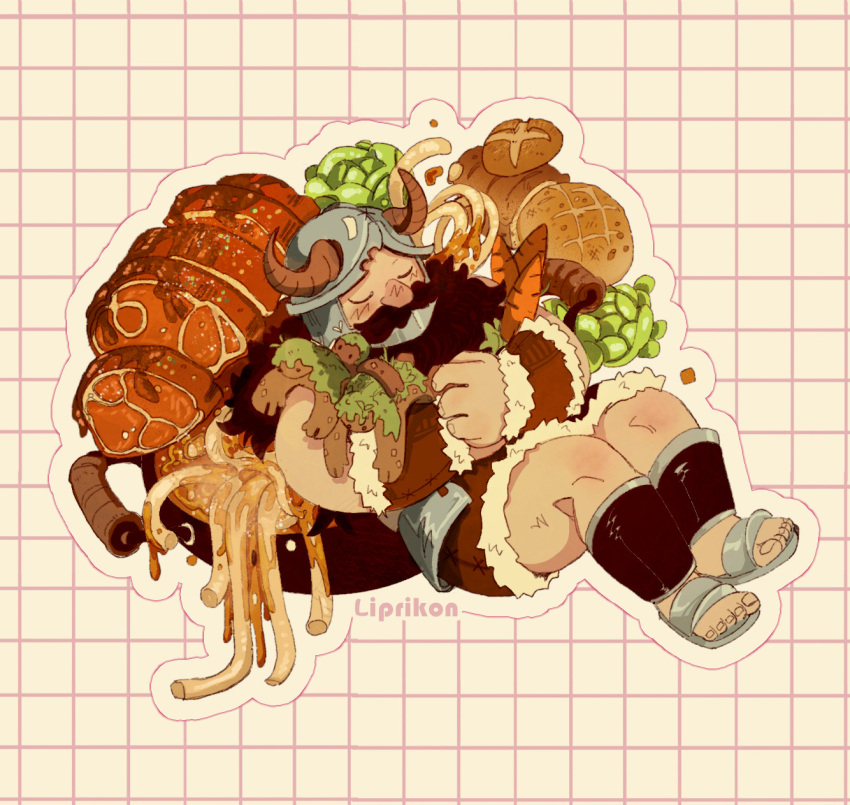 1boy baka-liprikon beard bread brown_hair cabbage carrot dungeon_meshi dwarf facial_hair fake_horns food food_focus full_body golem helmet highres horned_helmet horns large_hands long_beard lying male_focus meat noodles on_back senshi_(dungeon_meshi) sitting sleeping solo thick_mustache very_long_beard