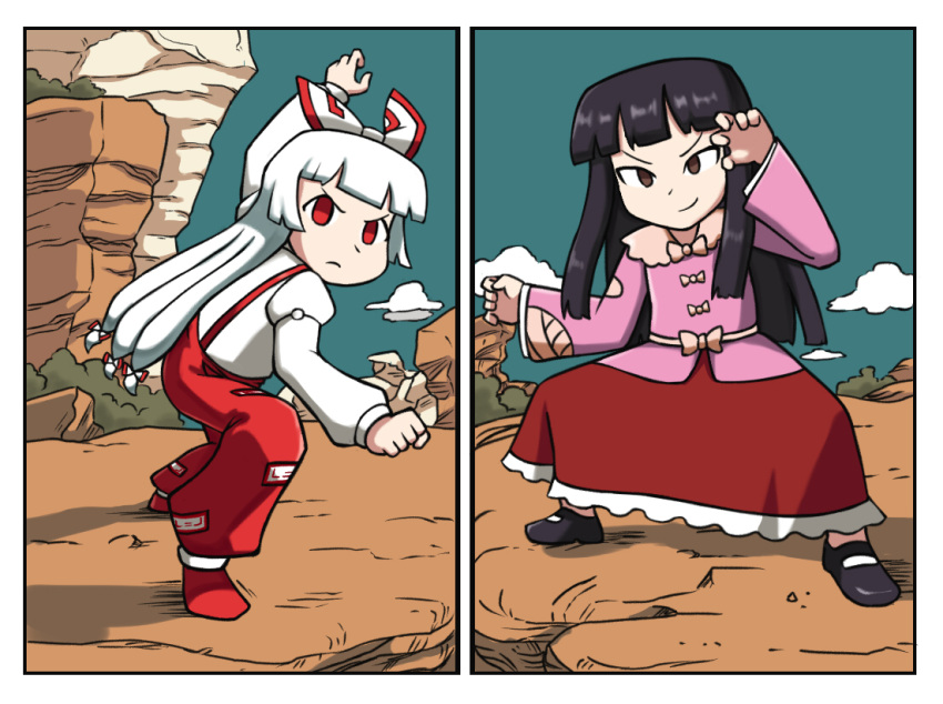 2girls black_hair bow brown_hair bush day desert dragon_ball dragon_ball_z edgycat frilled_skirt frills fujiwara_no_mokou hair_bow houraisan_kaguya juliet_sleeves long_hair long_sleeves mountain multiple_girls ofuda ofuda_on_clothes pants pink_shirt puffy_pants puffy_sleeves red_eyes red_pants red_skirt shirt skirt suspenders touhou very_long_hair white_hair