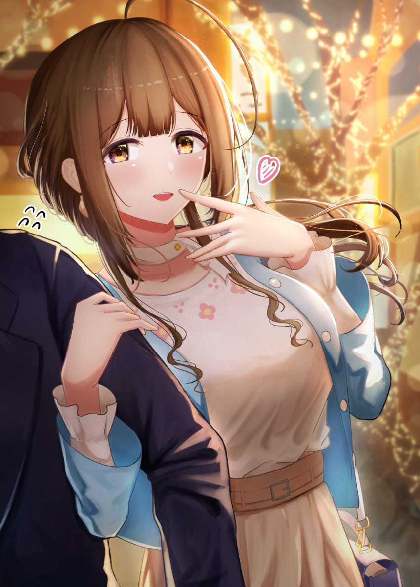 1boy 1girl ahoge aiban arm_hug black_jacket blue_jacket blurry blush bokeh breasts brown_hair choker depth_of_field flying_sweatdrops heart hetero highres huge_ahoge idolmaster idolmaster_shiny_colors jacket kuwayama_chiyuki large_breasts looking_at_another out_of_frame outdoors producer_(idolmaster) shirt shirt_tucked_in skirt smile solo_focus white_choker white_shirt yellow_skirt