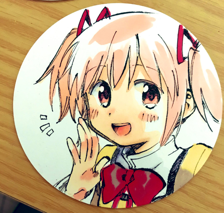 blush_stickers border bow bowtie collar collared_shirt commentary_request hair_ribbon hand_on_own_cheek hand_on_own_face high_collar highres juliet_sleeves kaname_madoka long_sleeves looking_at_viewer mahou_shoujo_madoka_magica mahou_shoujo_madoka_magica_(anime) mitakihara_school_uniform no+bi= notice_lines open_mouth palms photo_(medium) pink_eyes pink_hair puffy_sleeves red_bow red_bowtie red_ribbon ribbon round_border school_uniform shirt short_hair short_twintails simple_background smile teeth traditional_media twintails upper_teeth_only white_background white_collar yellow_shirt yellow_sleeves