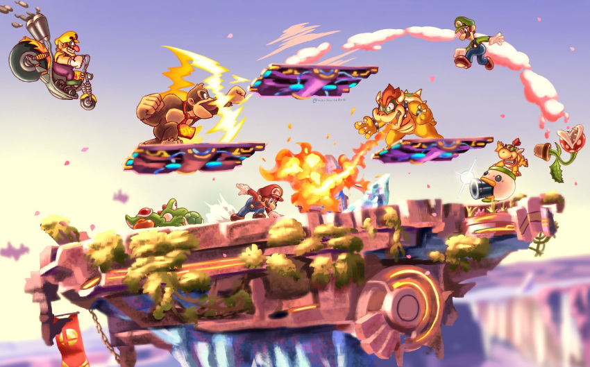 anthro ape battle bowser bowser_jr. breath_powers clothing crossover donkey_kong_(character) donkey_kong_(series) elemental_creature elemental_manipulation fire fire_breathing fire_manipulation flora_fauna group haplorhine hi_res human koopa luigi male mammal maribou mario mario_bros motorcycle nintendo piranha_plant plant primate scalie super_smash_bros. vehicle wario yoshi