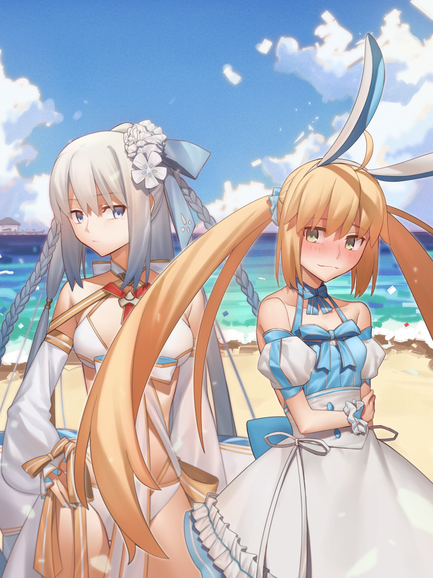 2girls absurdres ahoge animal_ear_hairband animal_ears argyle_clothes artoria_caster_(fate) artoria_caster_(swimsuit)_(fate) artoria_caster_(swimsuit)_(second_ascension)_(fate) artoria_pendragon_(fate) bare_shoulders bikini blonde_hair blue_dress blue_eyes blush bow braid breasts cleavage detached_sleeves dress dress_bow fake_animal_ears fate/grand_order fate_(series) flower french_braid gold_trim green_eyes hair_flower hair_ornament hair_ribbon hairband highres large_breasts long_hair long_sleeves looking_at_viewer morgan_le_fay_(fate) morgan_le_fay_(water_princess)_(fate) multiple_girls ponytail puffy_long_sleeves puffy_short_sleeves puffy_sleeves rabbit_ears red_brooch ribbon shiki_zzy short_sleeves sidelocks smile striped_clothes striped_thighhighs swimsuit thighhighs twintails type-moon vertical-striped_clothes very_long_hair white_bikini white_hair wide_brim
