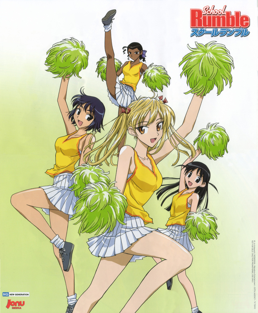 4girls :d absurdres antenna_hair arm_up bare_shoulders black_eyes black_footwear black_hair blonde_hair bob_cut bow bra bra_peek breasts brown_eyes cheering cheerleader closed_mouth collarbone copyright_name copyright_notice feet_out_of_frame foot_up from_side green_background hair_bow hair_ribbon hair_slicked_back high_kick highres holding holding_pom_poms kicking knee_up lala_gonzalez large_breasts long_hair looking_at_viewer looking_to_the_side loose_socks medium_breasts miniskirt multiple_girls non-web_source official_art open_mouth orange_ribbon pleated_skirt pom_pom_(cheerleading) ponytail poster_(medium) promotional_art purple_bow ribbon sawachika_eri scan school_rumble shoes short_hair skirt small_breasts smile sneakers socks standing standing_on_one_leg suou_mikoto_(school_rumble) tank_top translated tsukamoto_tenma underwear watanabe_hajime wavy_hair white_background white_bra white_skirt white_socks yellow_tank_top