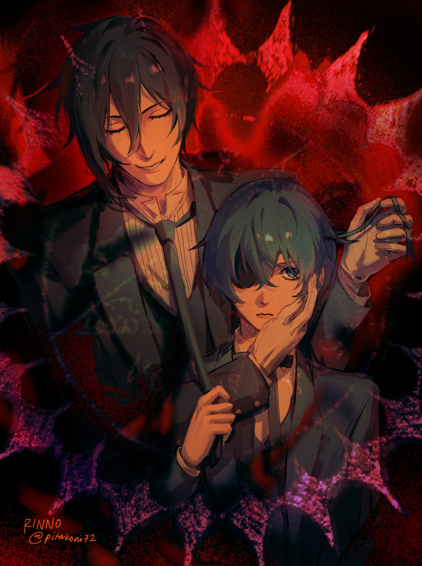 2boys artist_name bishounen black_hair black_suit blue_eyes blue_hair blue_jacket blue_necktie ciel_phantomhive closed_mouth dark_blue_hair expressionless eyepatch gloves hair_between_eyes hand_in_another's_hair hand_on_another's_cheek hand_on_another's_face highres holding holding_necktie jacket kuroshitsuji light_smile looking_at_viewer male_focus multiple_boys necktie pitakoni72 red_background sebastian_michaelis short_hair signature smile suit twitter_username white_gloves yaoi