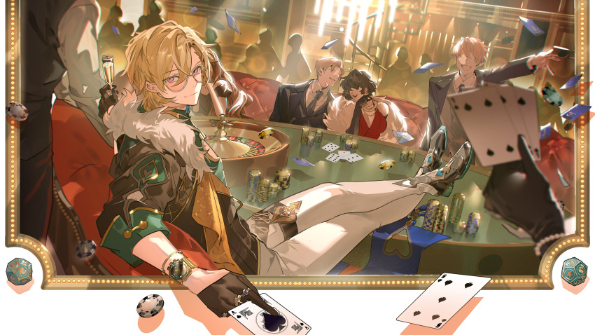 absurdres aqua_shirt aventurine_(honkai:_star_rail) black_footwear black_gloves blonde_hair card champagne_flute closed_mouth collared_shirt couch cup drinking_glass faceless faceless_female faceless_male fur_trim gloves hair_between_eyes highres holding holding_card honkai:_star_rail honkai_(series) indoors jewelry looking_at_viewer magnolia29 multiple_boys on_couch pants playing_card poker_chip poker_table ring roulette_table shirt short_hair sitting solo_focus table tinted_eyewear watch white_pants wristwatch