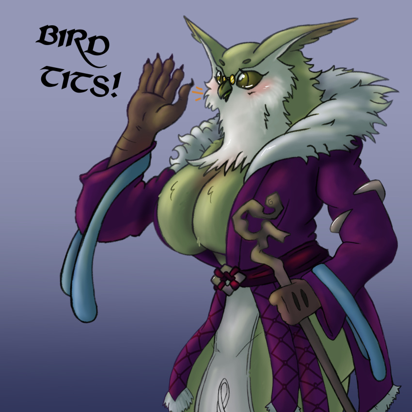 2024 5_fingers anthro avian beak big_breasts bird black_claws blush breasts chest_tuft claws cleavage clothed clothing dialogue eyebrows eyewear facial_tuft feathers female finger_claws fingers glasses glistening glistening_eyes green_body green_feathers grey_body grey_feathers hi_res holding_object multicolored_body multicolored_feathers non-mammal_breasts open_beak open_mouth owl pupils purple_clothing raised_hand ramona_(unicorn_overlord) robe simple_background solo staff standing talon_hands text tongue tuft two_tone_body two_tone_feathers unicorn_overlord unknown_artist vanillaware yelling yellow_eyes