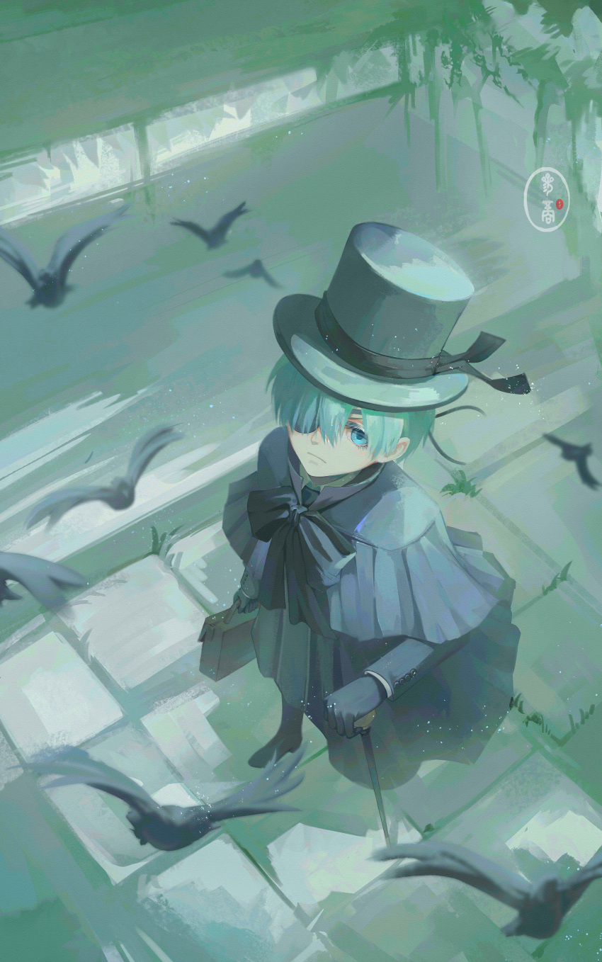 1boy 2226480274 absurdres bird black_footwear black_gloves black_ribbon blue_capelet blue_eyes blue_hair blue_hat blue_jacket boots cane capelet ciel_phantomhive eyepatch gloves hat hat_ribbon highres holding holding_cane holding_suitcase jacket kuroshitsuji looking_at_viewer male_focus moss outdoors pigeon ribbon short_hair solo stairs suitcase top_hat watermark