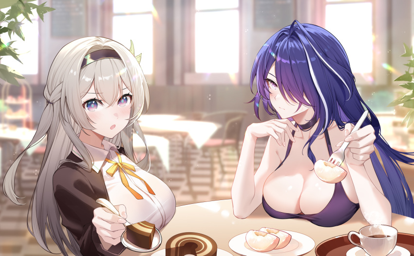 2girls acheron_(honkai:_star_rail) ahoge alternate_costume bare_arms bare_shoulders black_choker black_hairband black_jacket blush breasts cafe cake choker cleavage coffee collarbone commentary_request feeding firefly_(honkai:_star_rail) food fork grey_hair hair_over_one_eye hairband highres holding holding_spoon honkai:_star_rail honkai_(series) incoming_food indoors jacket large_breasts long_hair long_sleeves looking_at_viewer multiple_girls neck_ribbon oak_cake_roll_(honkai:_star_rail) open_mouth purple_eyes purple_hair ribbon spoon table two_side_up upper_body very_long_hair xion32 yellow_ribbon