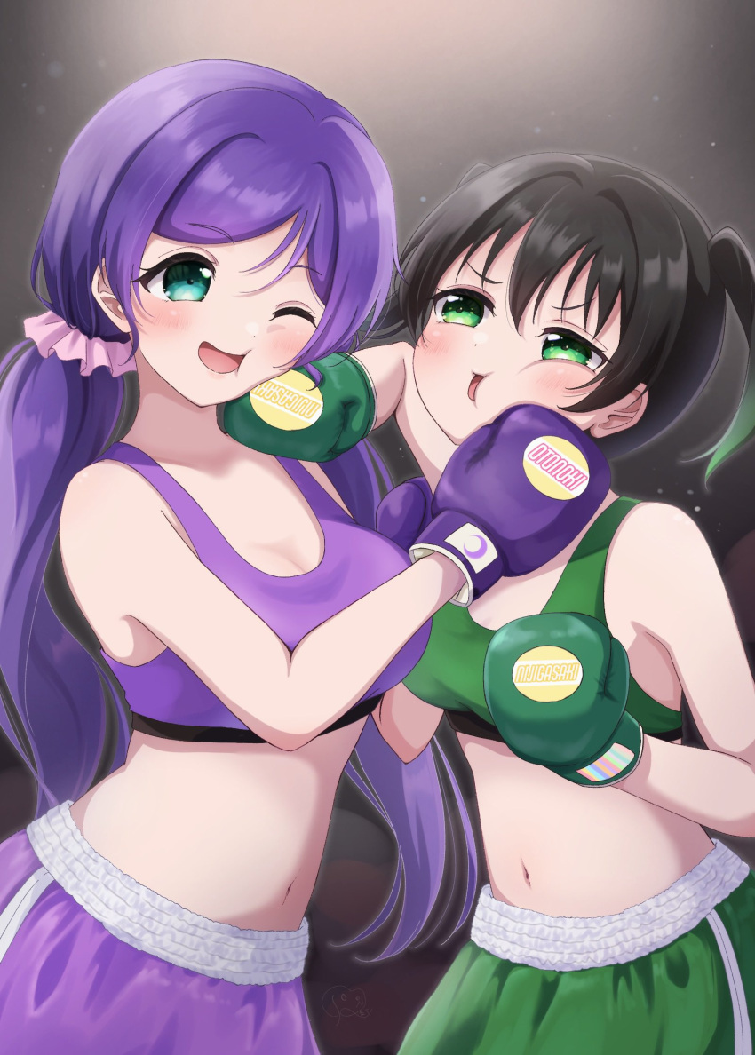 2girls black_hair blush boxing_gloves breasts catfight cleavage commentary_request face_punch gradient_hair green_eyes green_hair green_shorts green_sports_bra hair_between_eyes highres in-franchise_crossover in_the_face large_breasts long_hair looking_at_another love_live! love_live!_nijigasaki_high_school_idol_club love_live!_school_idol_project medium_breasts medium_hair midriff multicolored_hair multiple_girls navel one_eye_closed open_mouth punching purple_shorts purple_sports_bra ritaso shorts sidelocks sports_bra standing takasaki_yu tojo_nozomi twintails upper_body v-shaped_eyebrows