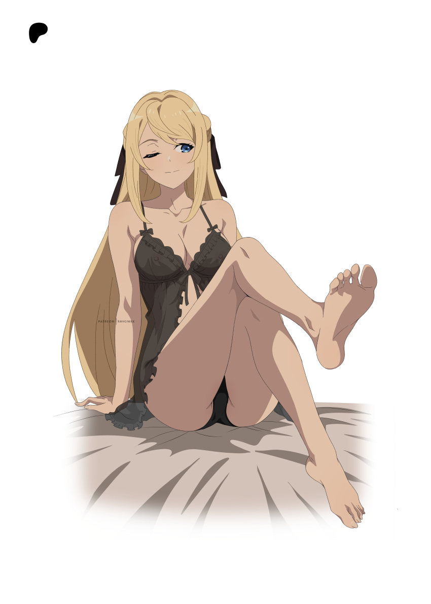 1girl absurdres ariel_anemoi_asura bare_legs barefoot black_negligee black_nightgown black_panties blonde_hair blue_eyes breasts cleavage covered_nipples crossed_legs full_body highres kevcrexx leg_up light_smile long_hair looking_to_the_side medium_breasts mushoku_tensei nightgown one_eye_closed panties partially_visible_vulva see-through signature simple_background sitting soles solo toes underwear very_long_hair white_background