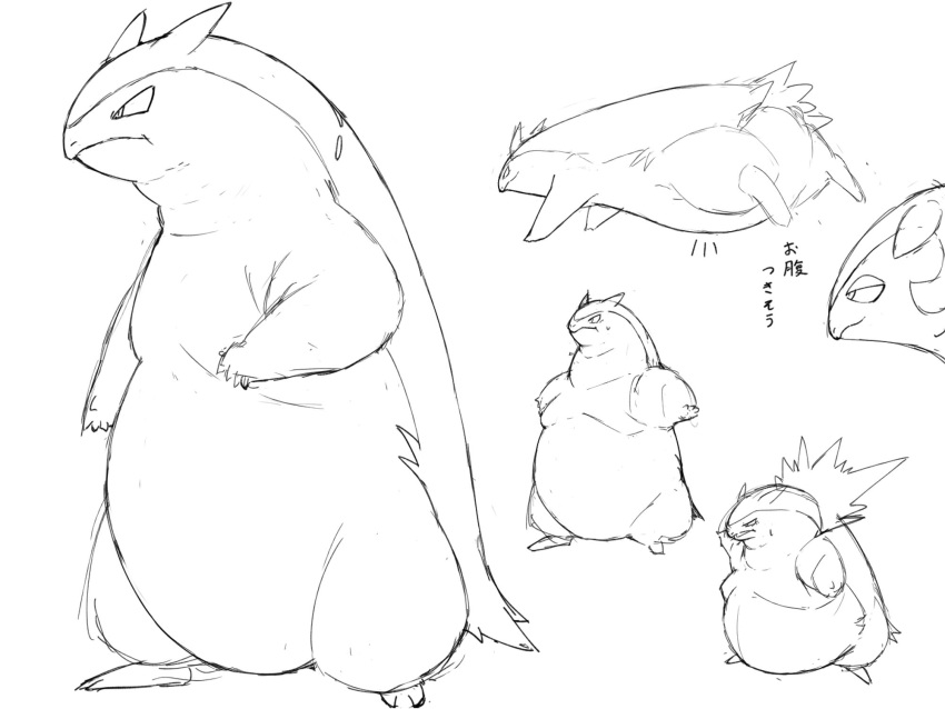 4:3 ambiguous_gender belly feral generation_2_pokemon generation_8_pokemon hi_res hisuian_form hisuian_typhlosion monochrome nintendo obese overweight overweight_feral pokemon pokemon_(species) regional_form_(pokemon) simple_background sketch standing text typhlosion white_background zephy_03
