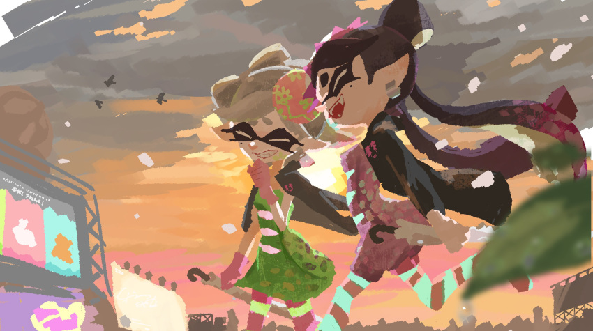 2girls :d ^_^ arm_at_side black_hair black_jacket bow-shaped_hair callie_(splatoon) clenched_hands closed_eyes closed_umbrella cloud cloudy_sky commentary_request cowboy_shot dress earrings fangs garryaoki gloves gradient_hair green_dress grey_hair grin hand_to_own_mouth highres holding holding_umbrella hoop_earrings inkling jacket jacket_on_shoulders jewelry jumpsuit laughing long_hair marie_(splatoon) mole mole_under_eye multicolored_hair multiple_girls official_alternate_costume official_style open_mouth pantyhose pink_gloves pink_hair pink_jumpsuit pink_pantyhose pointy_ears short_hair short_jumpsuit sky smile splatoon_(series) splatoon_3 strapless strapless_dress striped_clothes striped_pantyhose swept_bangs tentacle_hair twintails two-tone_hair umbrella