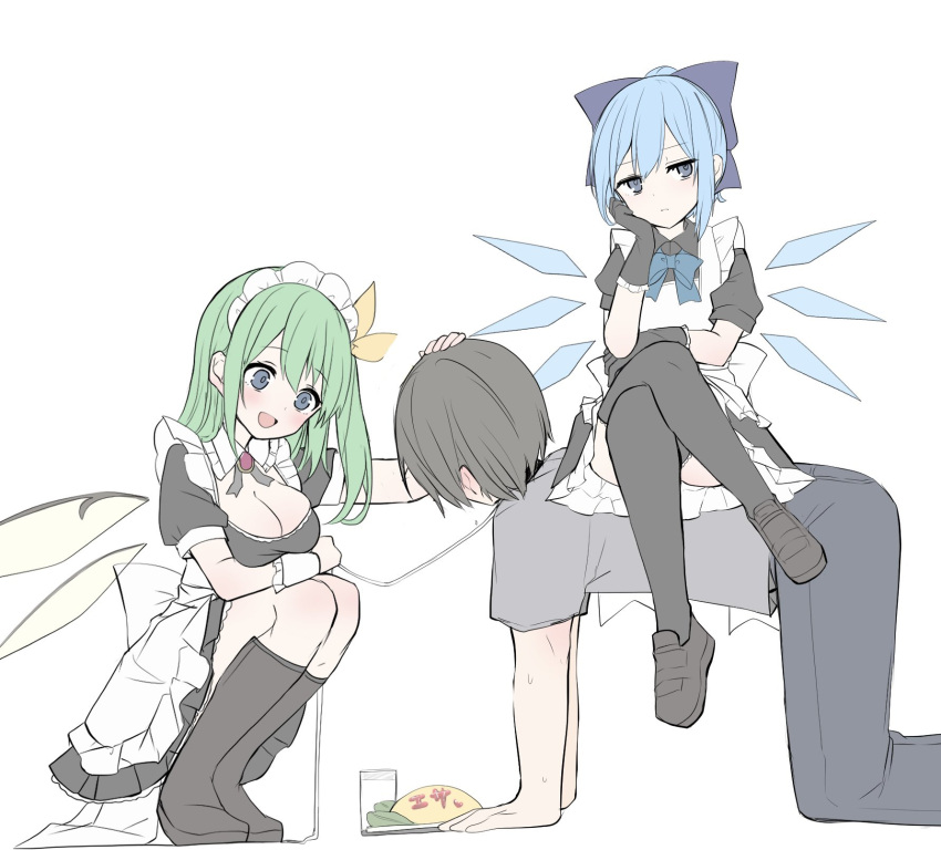 1boy 2girls :d all_fours alternate_costume alternate_eye_color apron back_bow black_footwear black_gloves black_hair black_ribbon black_thighhighs blue_bow blue_hair blush boots bow breasts bright_pupils cirno cleavage cleavage_cutout clothing_cutout commentary crossed_legs daiyousei ear_blush enmaided fairy fairy_wings femdom food frilled_apron frilled_gloves frilled_wrist_cuffs frills full_body gloves green_hair grey_eyes hair_bow hair_ribbon hand_up head_rest headpat highres holding holding_leash ice ice_wings jitome karasusou_nano knee_boots large_breasts leash loafers looking_at_another looking_at_viewer maid maid_apron maid_headdress medium_hair multiple_girls neck_ribbon omelet omurice open_mouth ribbon shoes short_hair side_ponytail simple_background sitting sitting_on_person smile squatting straight_hair sweat thighhighs touhou translated white_apron white_background white_bow white_wrist_cuffs wide-eyed wings wrist_cuffs yellow_ribbon