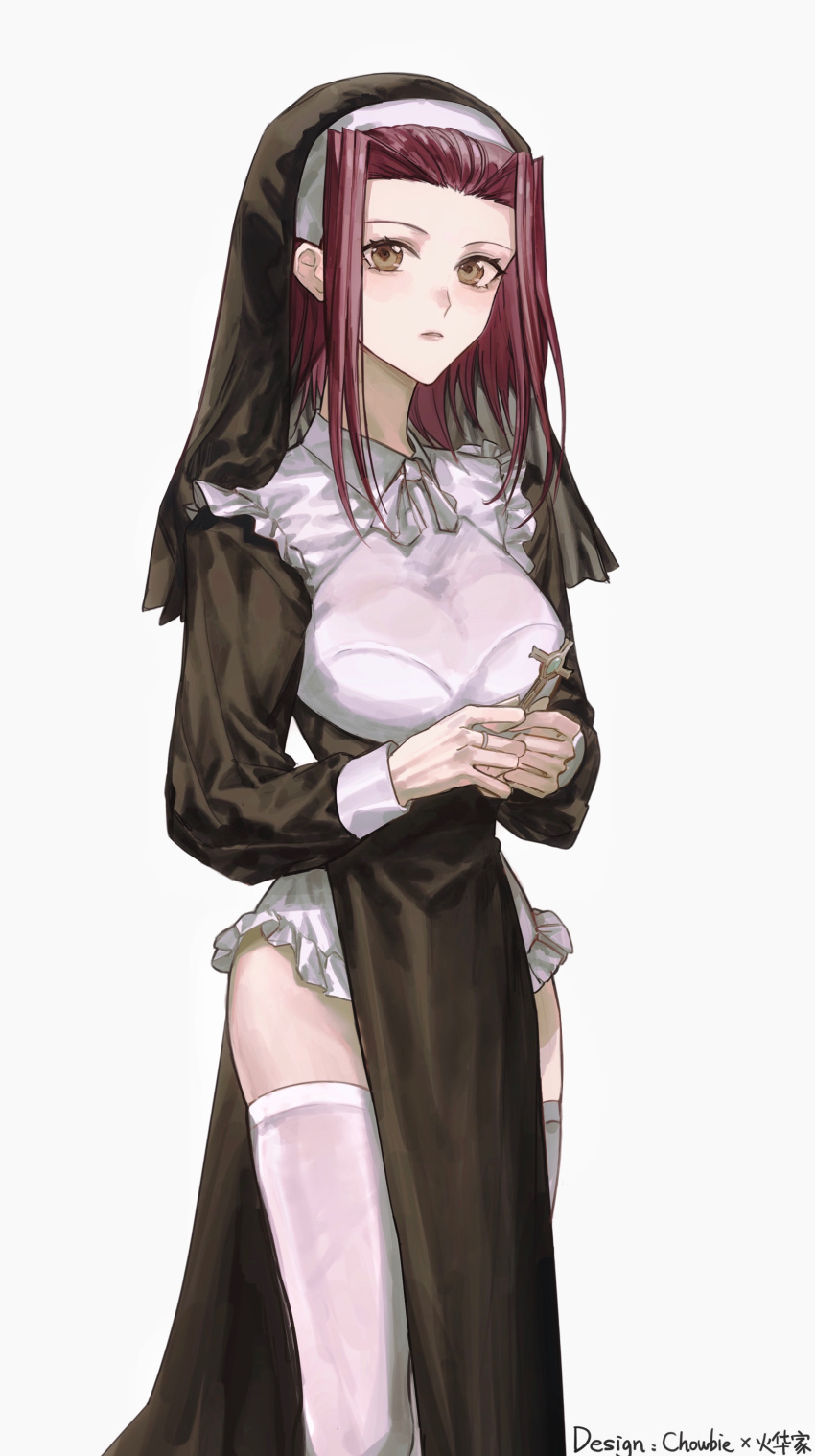 1girl absurdres alternate_costume bad_id bad_pixiv_id breasts brown_eyes cleavage cross expressionless grey_background habit hands_up highres holding holding_cross izayoi_aki jewelry lipstick long_sleeves looking_at_viewer makeup medium_hair naoki_(2rzmcaizerails6) neck_ribbon nun puffy_long_sleeves puffy_sleeves red_hair ribbon ring solo thighhighs upper_body white_thighhighs yu-gi-oh! yu-gi-oh!_5d's