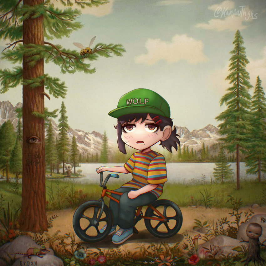 absurdres album_cover baseball_cap bicycle blue_footwear brown_eyes brown_hair chainsaw_man cover denim forest hair_ornament hairclip hat higashiyama_kobeni highres jeans kanpaithighs lake mountain nature outdoors pants parody ponytail shirt striped_clothes striped_shirt tree tyler_the_creator