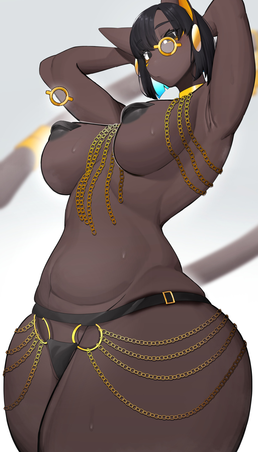 2024 absurd_res accessory anthro big_breasts bikini black_body black_fur black_hair breasts clothing denyfake felid feline felis female fingers fur furgonomics gold_(metal) gold_jewelry hair hi_res jewelry kemono mammal navel piercing red_clothing ring_piercing solo swimwear tail thick_thighs thigh_gap