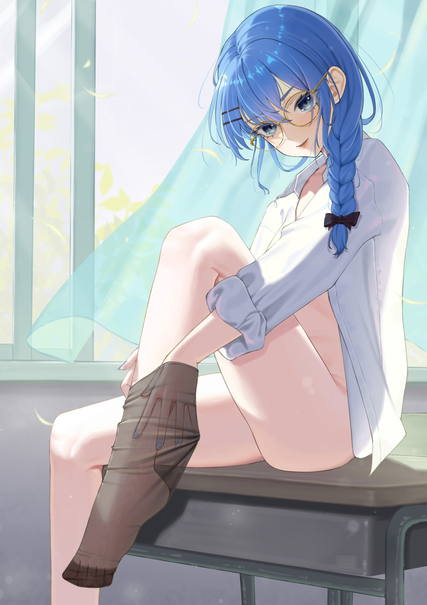 1girl absurdres bangom_r blue_hair braid glasses hair_between_eyes highres hololive hoshimachi_suisei long_hair open_clothes open_mouth open_shirt shirt sitting star_(symbol) star_in_eye symbol_in_eye thighs virtual_youtuber white_shirt