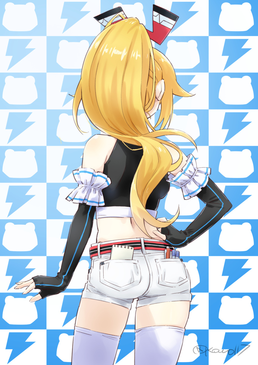 1girl absurdres arm_behind_back ass bare_shoulders belt black_gloves black_shirt blonde_hair checkered_background commentary_request commission cowboy_shot crop_top dengekiko elbow_gloves fingerless_gloves from_behind gloves hair_ornament hand_on_own_hip highres hip_focus kow_(kow0117) legs_apart long_hair midriff neptune_(series) notebook pixiv_commission ponytail red_belt shirt short_shorts shorts sleeveless sleeveless_shirt sofmap_background solo standing step_and_repeat striped_belt thighhighs thighs very_long_hair white_shorts