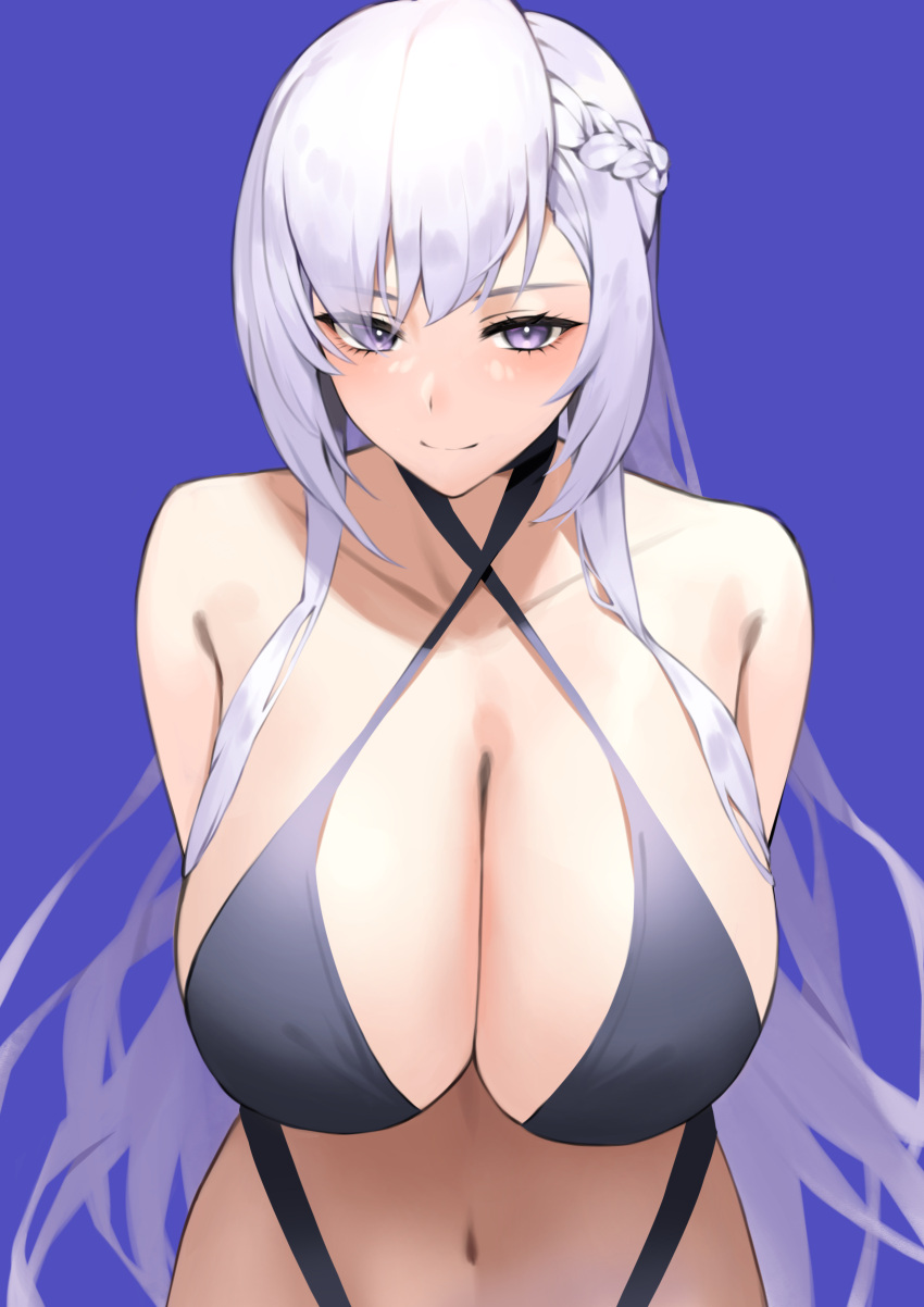 1girl absurdres azur_lane bare_arms bare_shoulders belfast_(azur_lane) bikini black_bikini blue_background braid breasts cleavage closed_mouth collarbone commentary english_commentary highres large_breasts long_hair looking_at_viewer lordol navel purple_eyes simple_background smile solo swimsuit upper_body white_hair