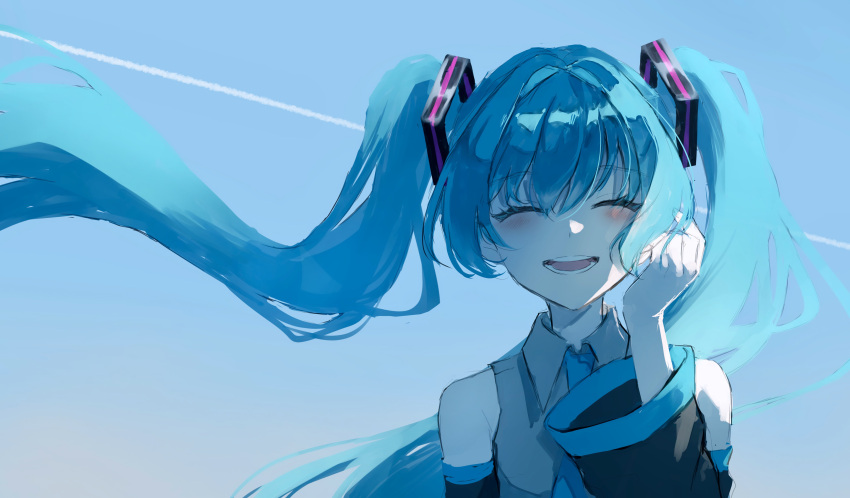 1girl absurdres bare_shoulders black_sleeves blue_hair blue_necktie blue_sky blush clear_sky closed_eyes collared_shirt commentary contrail detached_sleeves facing_viewer floating_hair grey_shirt hair_ornament hand_up hatsune_miku highres long_hair long_sleeves necktie open_mouth saikisaika shirt sidelocks sky sleeveless sleeveless_shirt smile solo straight-on twintails upper_body very_long_hair vocaloid