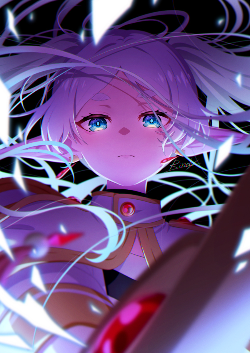 1girl black_background blue_eyes blurry blurry_foreground capelet closed_mouth earrings elf floating_hair frieren frown gem grey_hair highres holding holding_staff jewelry long_hair looking_at_viewer pointy_ears red_gemstone rindo signature solo sousou_no_frieren staff upper_body white_capelet