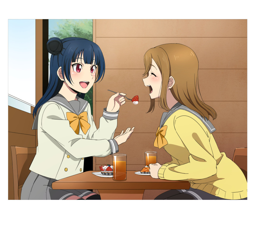 2girls :d ^_^ absurdres black_pantyhose black_thighhighs blue_hair border bow bowtie brown_hair closed_eyes feeding food fruit grey_sailor_collar grey_skirt hair_bun highres holding kunikida_hanamaru long_hair long_sleeves love_live! love_live!_sunshine!! miniskirt multiple_girls pantyhose pleated_skirt red_eyes sailor_collar school_uniform single_hair_bun single_side_bun skirt smile straight_hair strawberry sweater thighhighs tsushima_yoshiko uranohoshi_school_uniform vorupi white_border yellow_bow yellow_bowtie yellow_sweater zettai_ryouiki