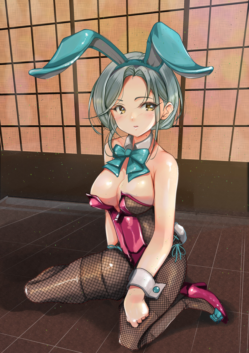 1girl absurdres adapted_costume alternate_costume animal_ears borrowed_design bow bowtie breasts covered_navel detached_collar fake_animal_ears fake_tail fishnet_pantyhose fishnets forehead grey_hair high_heels highres indoors kantai_collection leotard looking_at_viewer medium_breasts medium_hair mole mole_on_neck pantyhose playboy_bunny rabbit_ears rabbit_tail short_hair side-tie_leotard sitting sliding_doors solo strapless strapless_leotard tail tamanami_(kancolle) traditional_bowtie wariza wrist_cuffs yashin_(yasinz) yellow_eyes