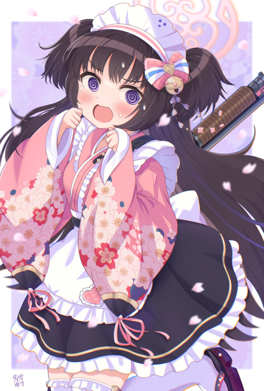 1girl :d @_@ apron bangs bell black_hair blue_archive blush bow commentary_request frilled_apron frilled_skirt frills gun hair_bell hair_between_eyes hair_bow hair_ornament halo highres lolita_fashion long_hair long_sleeves looking_at_viewer maid_headdress purple_eyes shizuko_(blue_archive) shotgun sidelocks skirt smile solo standing standing_on_one_leg sweat sweating_profusely two_side_up wa_lolita weapon weapon_on_back wide_sleeves yuu2 zettai_ryouiki