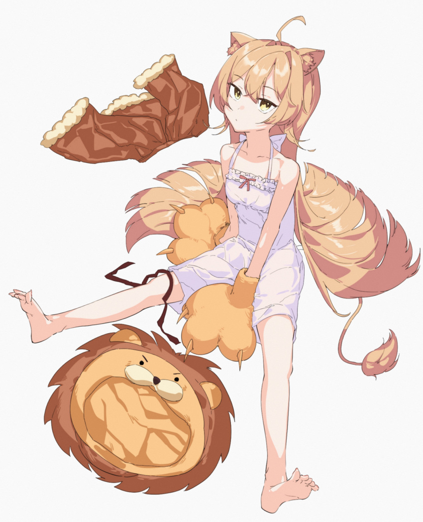 1girl ahoge animal_costume animal_ears bangs bare_legs bare_shoulders barefoot blush breasts brown_hair dress feet flower frilled_dress frills full_body highres indie_virtual_youtuber lion_costume lion_ears lion_girl lion_tail long_hair looking_at_viewer rurudo_lion short_dress sitting sleeveless sleeveless_dress small_breasts soles solo tail very_long_hair virtual_youtuber white_dress yellow_eyes