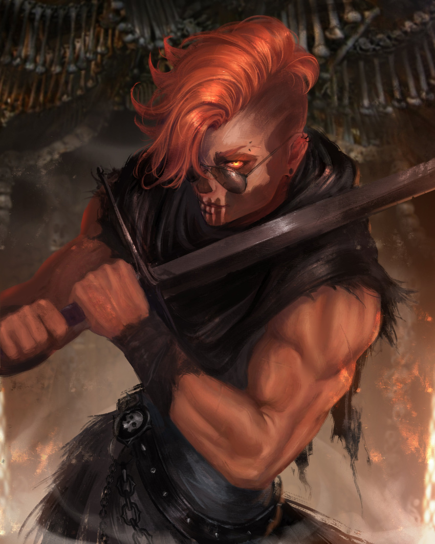 1girl absurdres aviator_sunglasses bare_arms bare_shoulders bone caio_santos dark-skinned_female dark_skin ear_piercing facepaint gideon_nav highres holding holding_sword holding_weapon looking_at_viewer multiple_piercings muscular muscular_female piercing red_hair short_hair sleeveless smile solo sunglasses sword the_locked_tomb torn_clothes undercut weapon