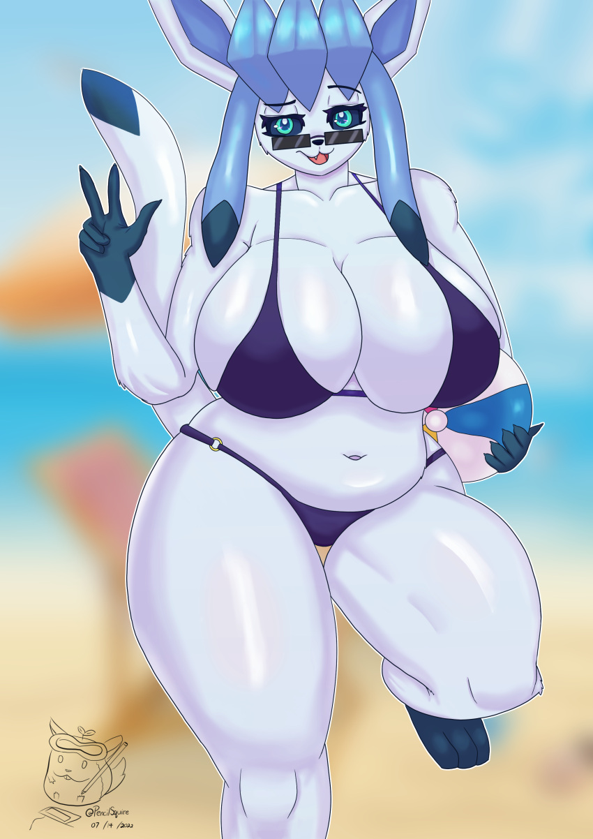 absurd_res anthro ball beach_ball big_breasts blue_body breasts clothing eeveelution female glaceon hi_res inflatable looking_at_viewer nintendo pencilsquire pok&eacute;mon pok&eacute;mon_(species) solo swimwear thick_thighs video_games