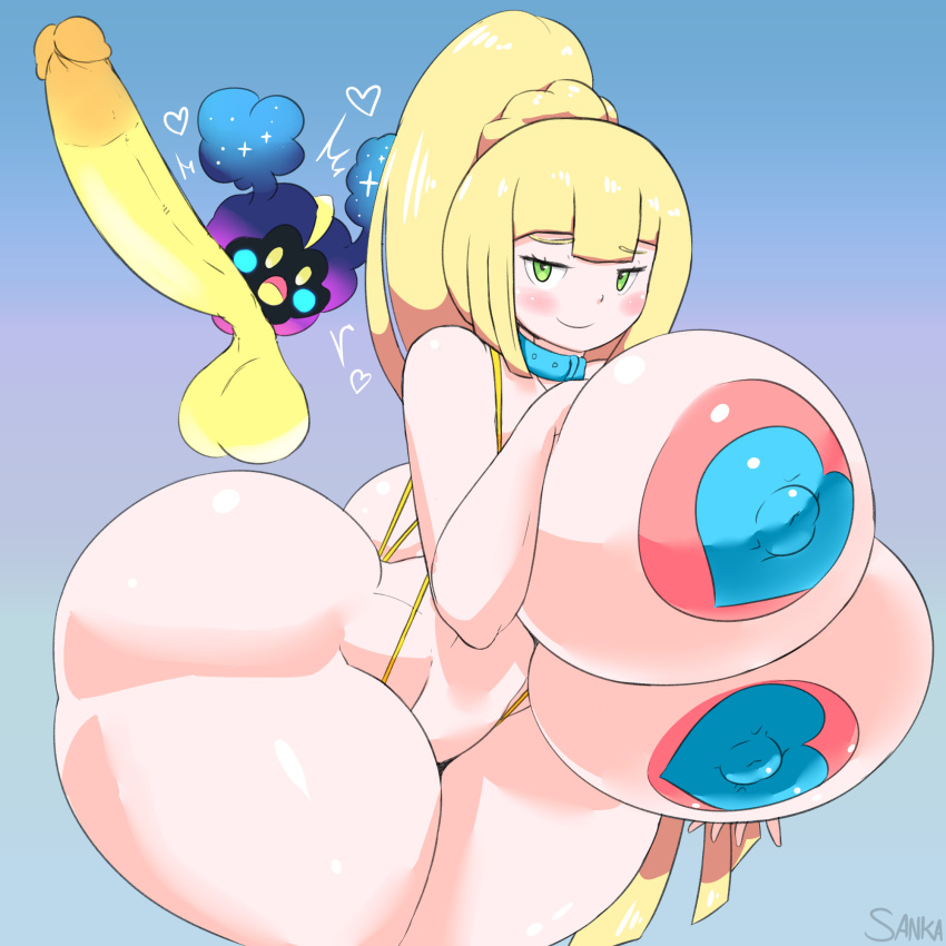 &lt;3 areola balls big_balls big_breasts big_butt big_penis bikini blonde_hair blush breasts butt clothing collar cosmog duo erection female genitals green_eyes hair hi_res huge_breasts huge_butt huge_hips huge_penis huge_thighs human hyper hyper_genitalia hyper_penis iron-0xide legendary_pok&eacute;mon lillie_(pok&eacute;mon) looking_at_viewer male mammal nintendo nipple_outline open_mouth pasties penis pink_areola pok&eacute;mon pok&eacute;mon_(species) ponytail sanka-tetsu sling_bikini small_but_hung swimwear thick_thighs video_games white_body white_skin wide_hips