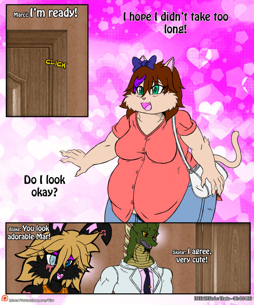 2017 accessory anthro belly black_body black_fur blake_sinclair blonde_hair bottomwear bow_ribbon breasts brown_hair clothing colored comic domestic_cat door dragon dress_shirt english_text felid feline felis female fur green_body green_scales group hair hair_accessory hair_bow hair_ribbon hi_res horn if_hell_had_a_taste lagomorph leporid male mammal marci_hetson multicolored_body multicolored_scales necktie notched_ear obese obese_anthro obese_female open_mouth overweight overweight_anthro overweight_female pants purse rabbit red_eyes ribbons scales scar shirt shorts skylar_fidchell sound_effects suit suit_and_tie teal_eyes text topwear trio two_tone_body two_tone_scales viroveteruscy yellow_body yellow_scales yellow_sclera