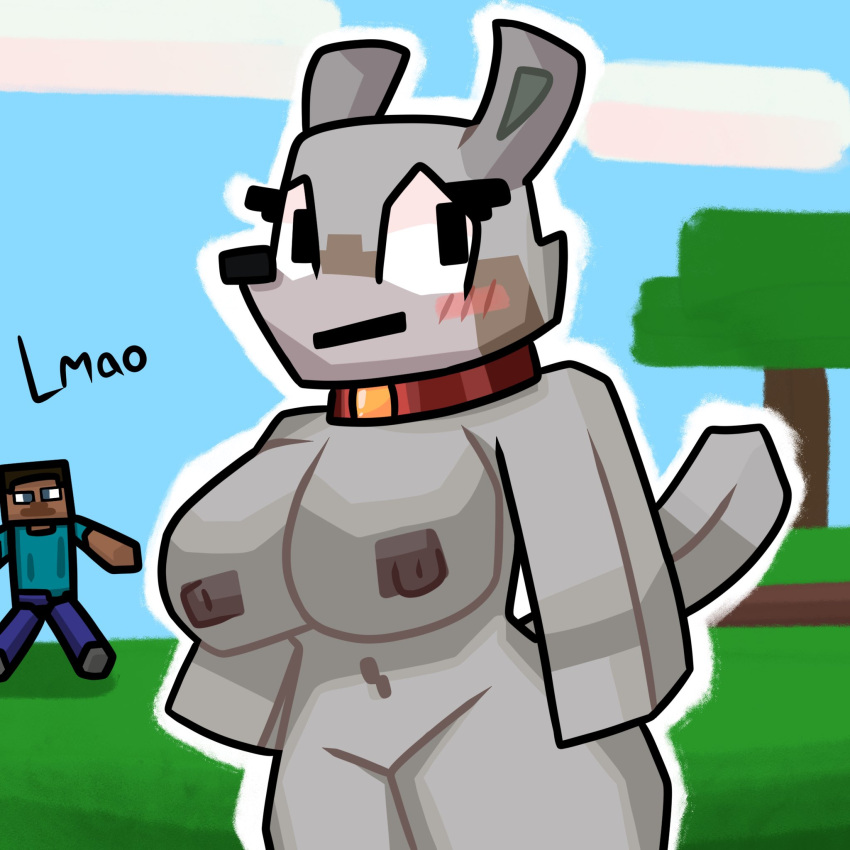 anthro big_breasts black_eyes blue_background blush blush_lines breasts canid canine canis cloud cloudscape collar duo eyelashes featureless_crotch female fur green_background grey_body grey_fur hi_res human lewdewott looking_at_viewer male mammal microsoft minecraft mojang navel nude plant simple_background sky steve_(minecraft) text thick_thighs tree video_games wide_hips wolf wolf_(minecraft) xbox_game_studios