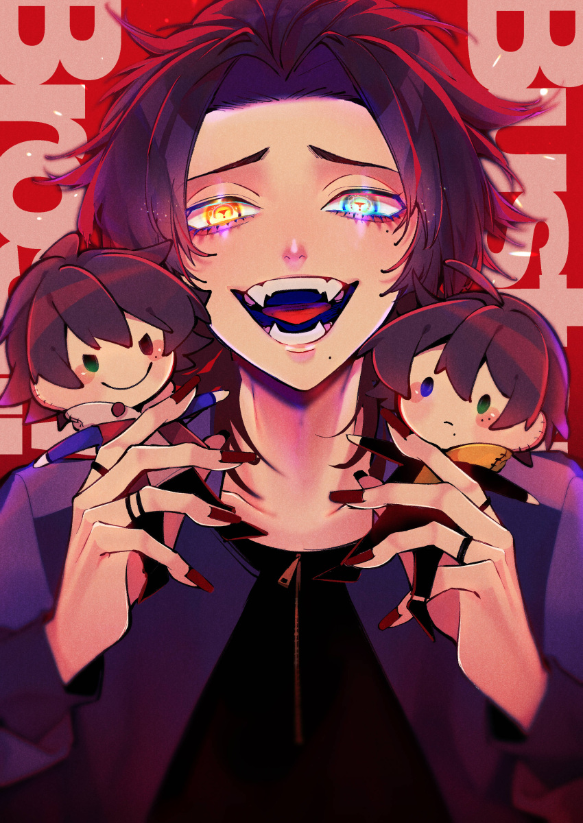 1boy :d absurdres black_hair black_nails black_shirt blue_jacket buster_bros character_doll fangs fingernails heterochromia highres holding holding_stuffed_toy hypnosis_mic jacket jewelry long_fingernails mole mole_under_eye mole_under_mouth multiple_rings red_background ring s_cake shirt short_hair smile stuffed_toy yamada_ichirou_(hypnosis_mic) yamada_jirou yamada_saburou