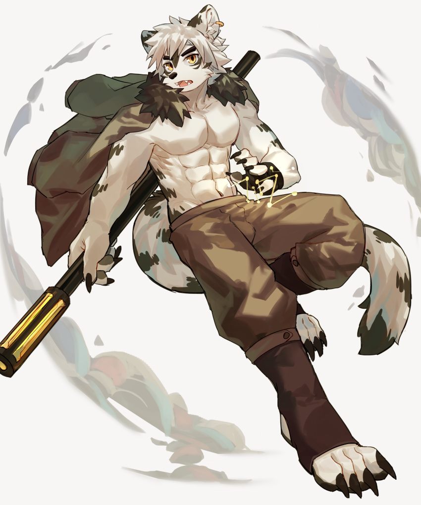 1boy absurdres animal_ears baggy_pants black_fur body_fur brown_pants claws dust_cloud ear_piercing fangs fingerless_gloves full_body fur-trimmed_jacket fur_collar fur_trim furry furry_male gloves hand_up highres holding holding_staff jacket jacket_on_shoulders kitai_su leopard_boy leopard_ears leopard_tail looking_at_viewer male_focus no_shirt open_mouth original pants piercing short_hair single_glove solo staff tail toeless_legwear toned toned_male white_background white_fur white_hair yellow_eyes