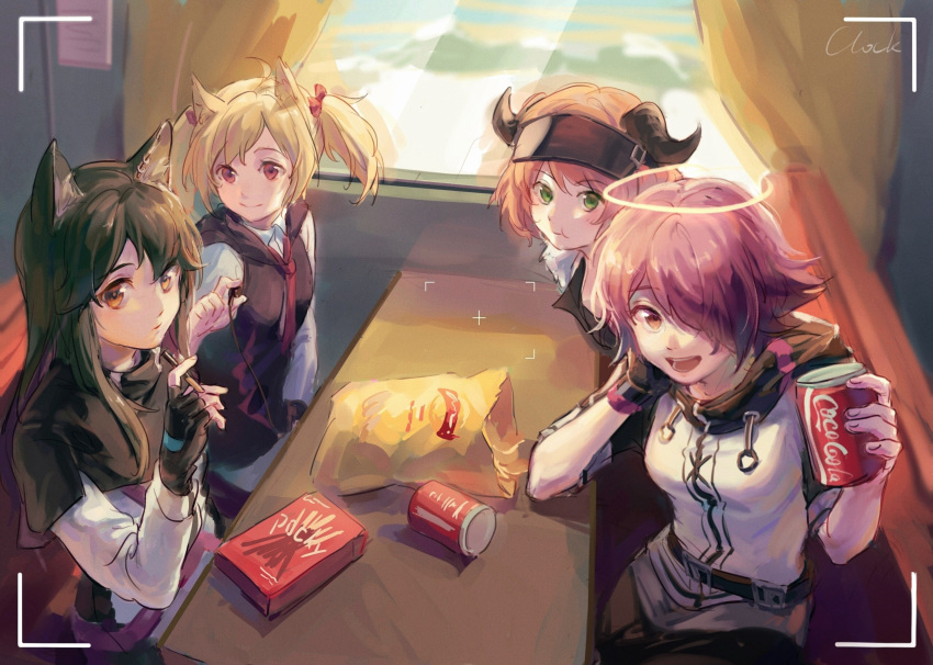 4girls animal_ears arknights black_gloves black_hair black_vest blonde_hair booth_seating bow breasts can chips coca-cola cow_horns croissant_(arknights) earphones exusiai_(arknights) fingerless_gloves food gloves green_eyes hair_bow hair_over_one_eye hand_up highres holding holding_can holding_earphones holding_food horns lay's long_hair multiple_girls necktie one_eye_covered open_mouth orange_eyes orange_hair penguin_logistics_(arknights) pocky potato_chips red_bow red_eyes red_hair red_necktie shirt short_hair sitting sketch small_breasts sora_(arknights) table texas_(arknights) twintails vest viewfinder visor_cap white_shirt wolf_ears wolf_girl yellow_eyes zhongmu